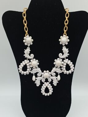 J. Crew White Floral Bib Necklace with Gold Chain